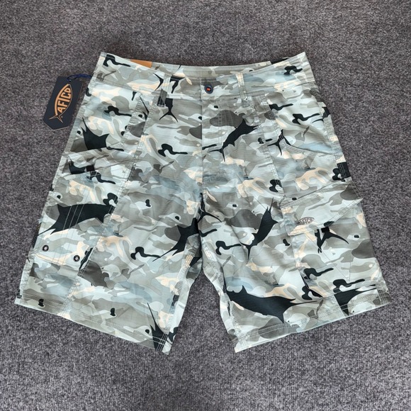 AFTCO Tactical Fishing Shorts - Grey Camo Ripstop With Stain & Sun Protection